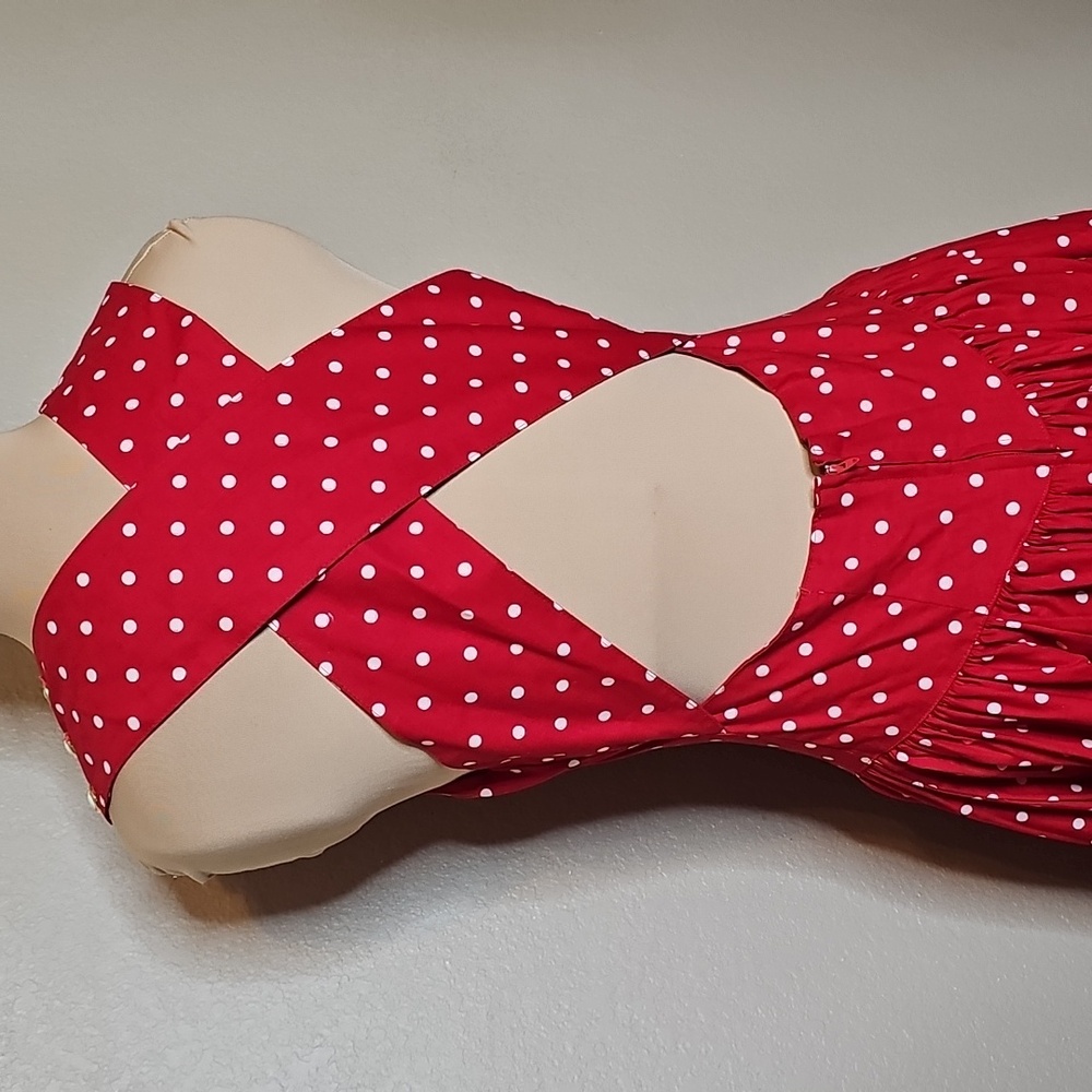 True Vintage 1980s Kamisato By Geary Roark Red Polka Dot Midi Dress Drop Waist M - Picture 5 of 15